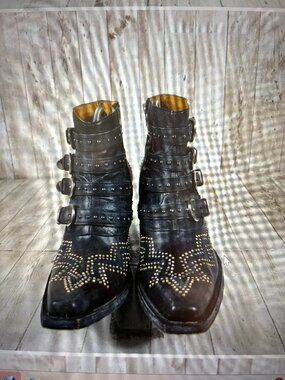 Old Gringo Women's Black Leather Studded Buckle Snip Toe Western Ankle Boots‎